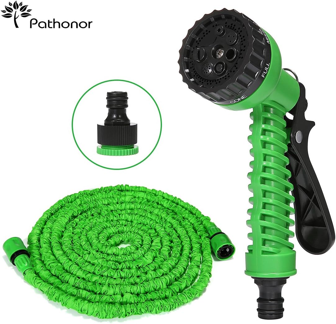 Pathonor Expandable Garden Water Hose Pipe European Thread 50FT and 7-Pattern Spray Gun Anti-leakage with Aluminum Joint Inner Tube Material & Double Color Latex Tube& Easy Storage(Green)