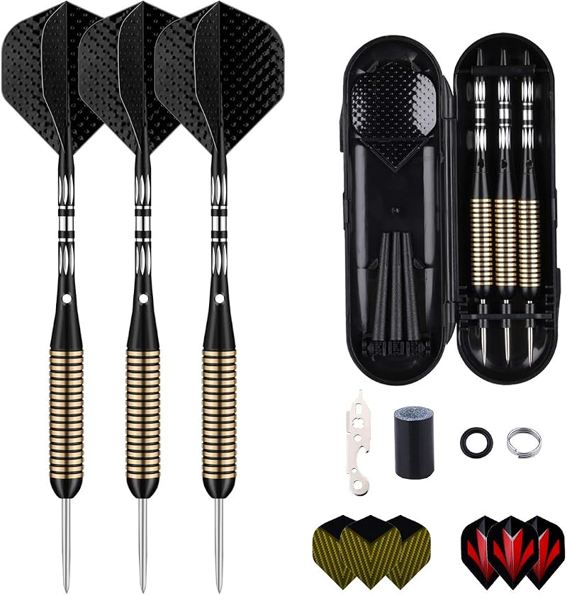 Sanfeng 27g Steel Tip Darts Set Brass Barrel Black Shafts 9 Flights O-Rings Tool