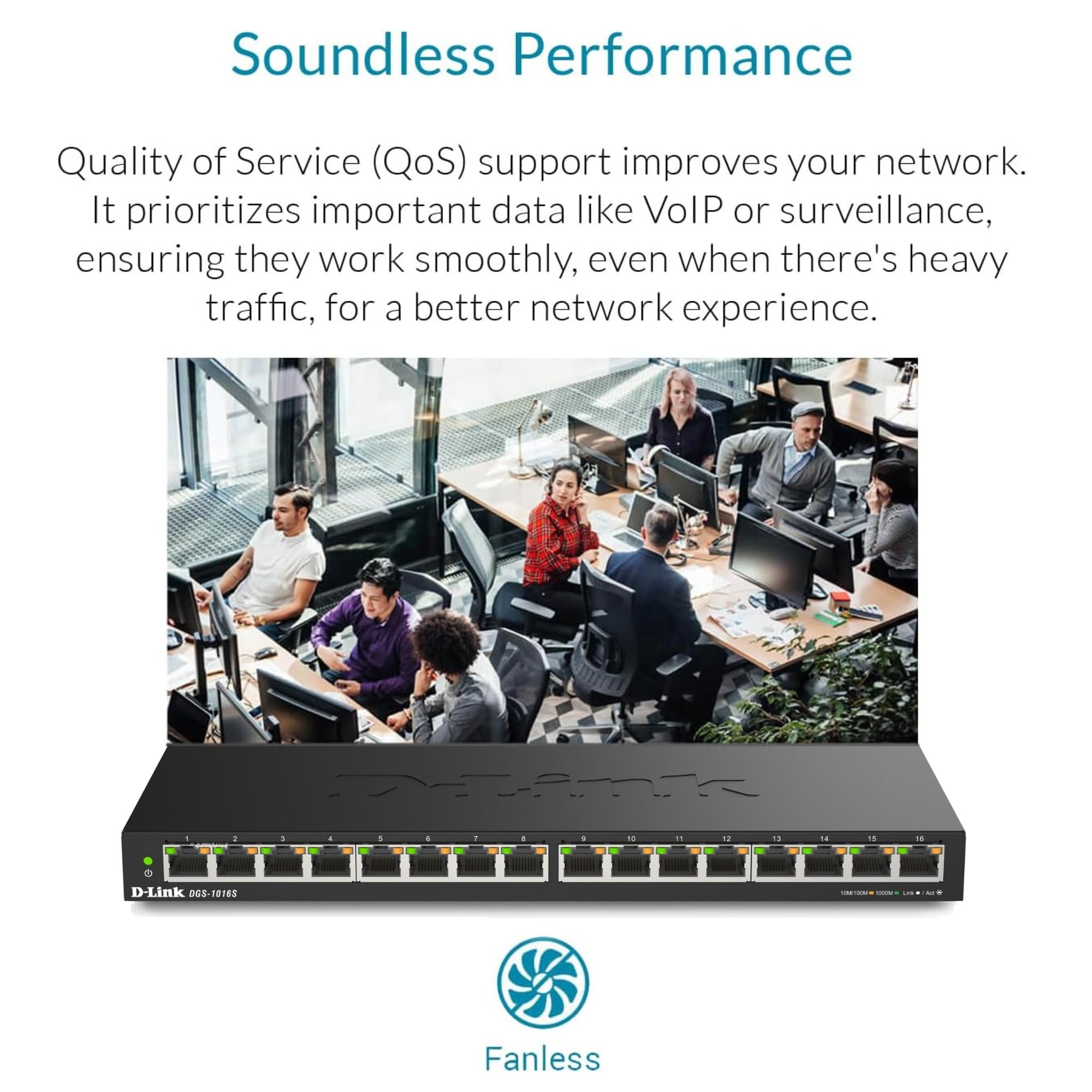 D-Link DGS-1016S 16-Port Unmanaged Gigabit Switch (ohne Lüfter, Low Profile Metallgehäuse, Desktop / Wandmontage, Plug-and-Play, 802.1p QoS, 802.3az EEE), schwarz 5