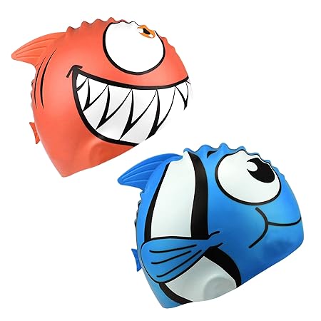 HOGAR AMO 2 Teilig Kinder Haifisch/Niedlicher Fisch Bademütze Set Schwimm Kappe Mütze Silikon Swimming Cap Kit Super-Stretch 