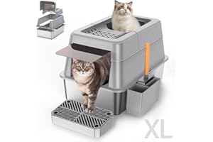 APHYXEN Stainless Steel Litter Box with Lid, XL Extra Large Enclosed Cat Litter Box for Big Cats 110° Flip Cover, Top Entry Metal High Sided Cat Box & Pedal & Scoop, Anti-Leakage (Grey)