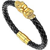 U7 Mens Leather Bracelet with Stainless Steel Clasp, Leather Cuff Bracelet in Skull or Wrap Style Black Bracelets for Husband