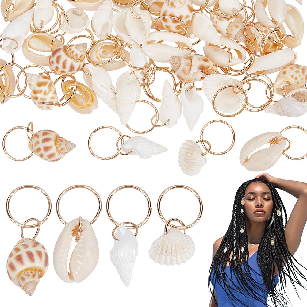 Photo 1 of PLIGREAT 60 Pcs Seashell Conch Dreadlock Rings Charms, Vintage Hair Braiding Decor, Summer Beach Style Braided Hair Ornaments Decorative Dreadlock Hair Clips Charm for Women Men Dreadlock Accessories
