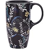 Voltogar Ceramic Coffee Mug, 17 oz Large Capacity Travel Coffee Cup with Lid & Handle for Men Women Home and Office Work, Microwave and Dishwasher Safe, 6.5" H Black Flower Mug
