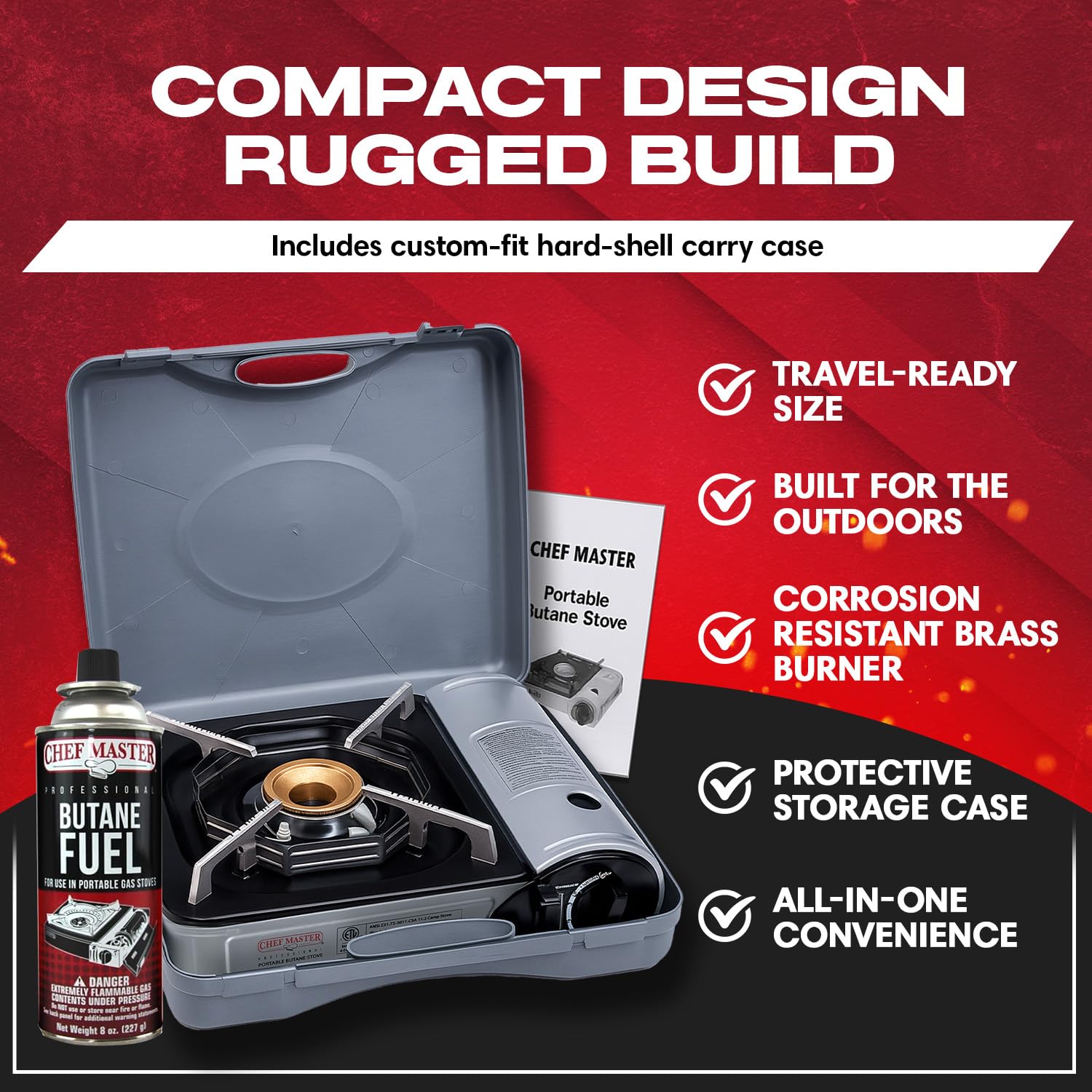 Chef-Master 90011 Butane Countertop Stove, 10 000 BTU Portable with Carry Case, High Performance, Piezo Ignition, Brass Burner, Safety Stop