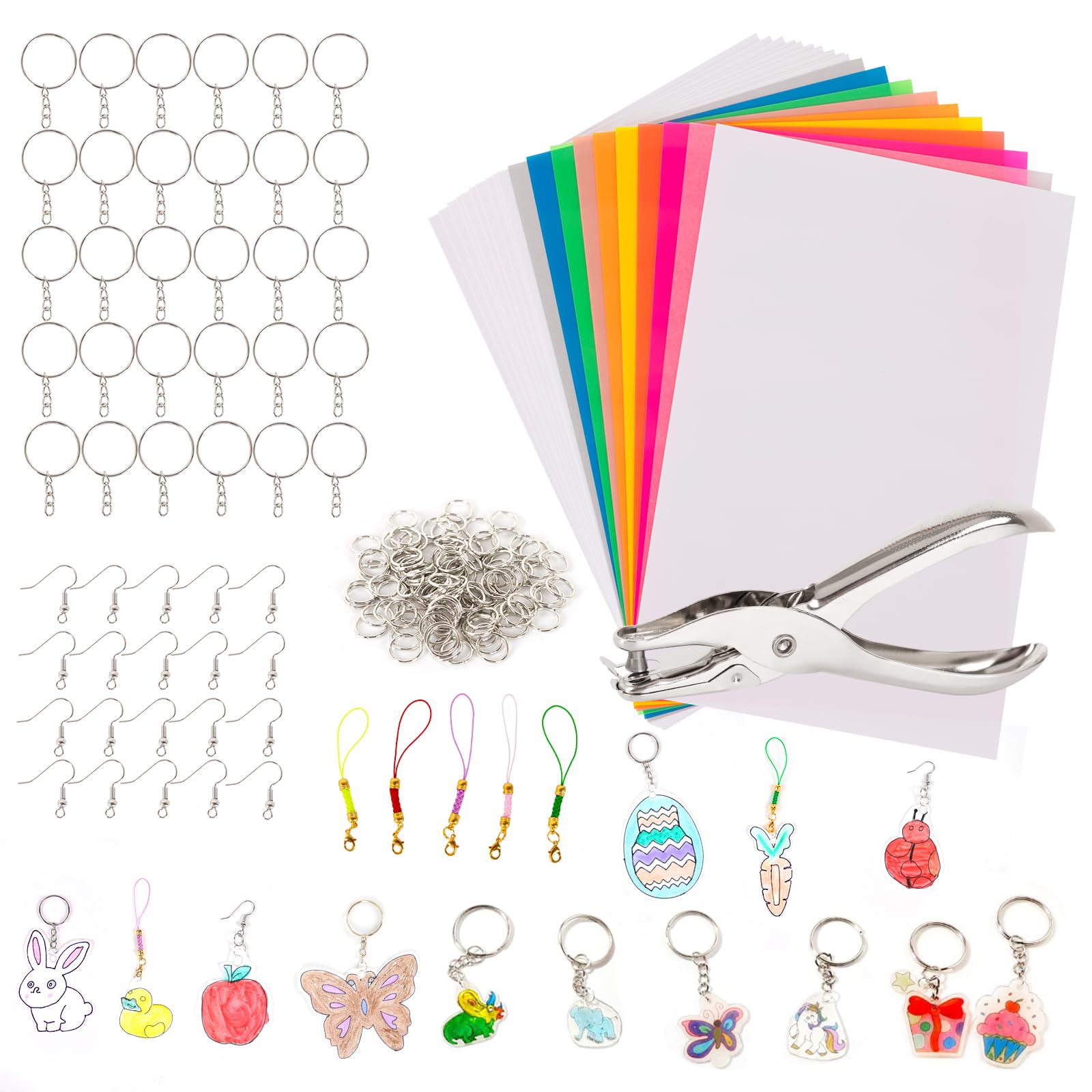 Urtioty 181 Pieces Heat Shrink Plastic Sheet Kit, 20 PCS Shrinky Art Multicolor Paper with 161 Shrinkles PCS Making Keychains Accessories for Kids Craft and Art Supplies