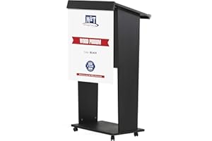M&T Displays Black Plywood Stand up Floor-Standing Podium Lectern for Speaker with Poster Fast Microphone Slot Storage Shelf and 4 Locking Caster Wheels Wood Conference Table 45 inch Height Beechwood