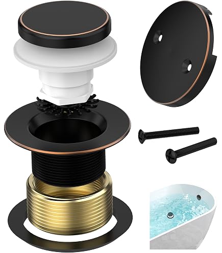 All-Brass Lift-and-Turn Bathtub Drain Kit – Universal Fine/Coarse Thread Stopper & 2-Hole Overflow Faceplate (Oil Rubbed Bronze)