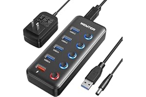 Powered USB Hub, Wenter 5 Ports USB 3.0 Hub (4 Data Transfer Ports+ 1 Smart Charging Port) with Individual LED On/Off Switches, USB Hub 3.0 Powered with 15W Power Supply for PC, MAC