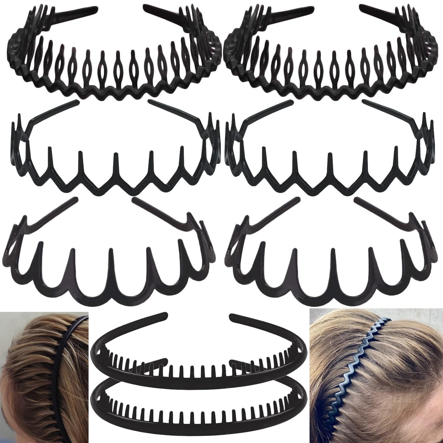 Photo 1 of ULTIMUTE 8 PCS Fashion No Slip Effortless Plastic Headbands with Teeth Comb Black Skinny Hair Accessories Bands for Women Men Teen Girls, Matte Black