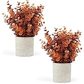Velener 2 PCS Small Fake Eucalyptus Plant Artificial Potted Plants Indoor for Desk, Shelf, Home Decor Realistic Faux Plant for Office, Bathroom, Living Room Decoration (Fall Orange)