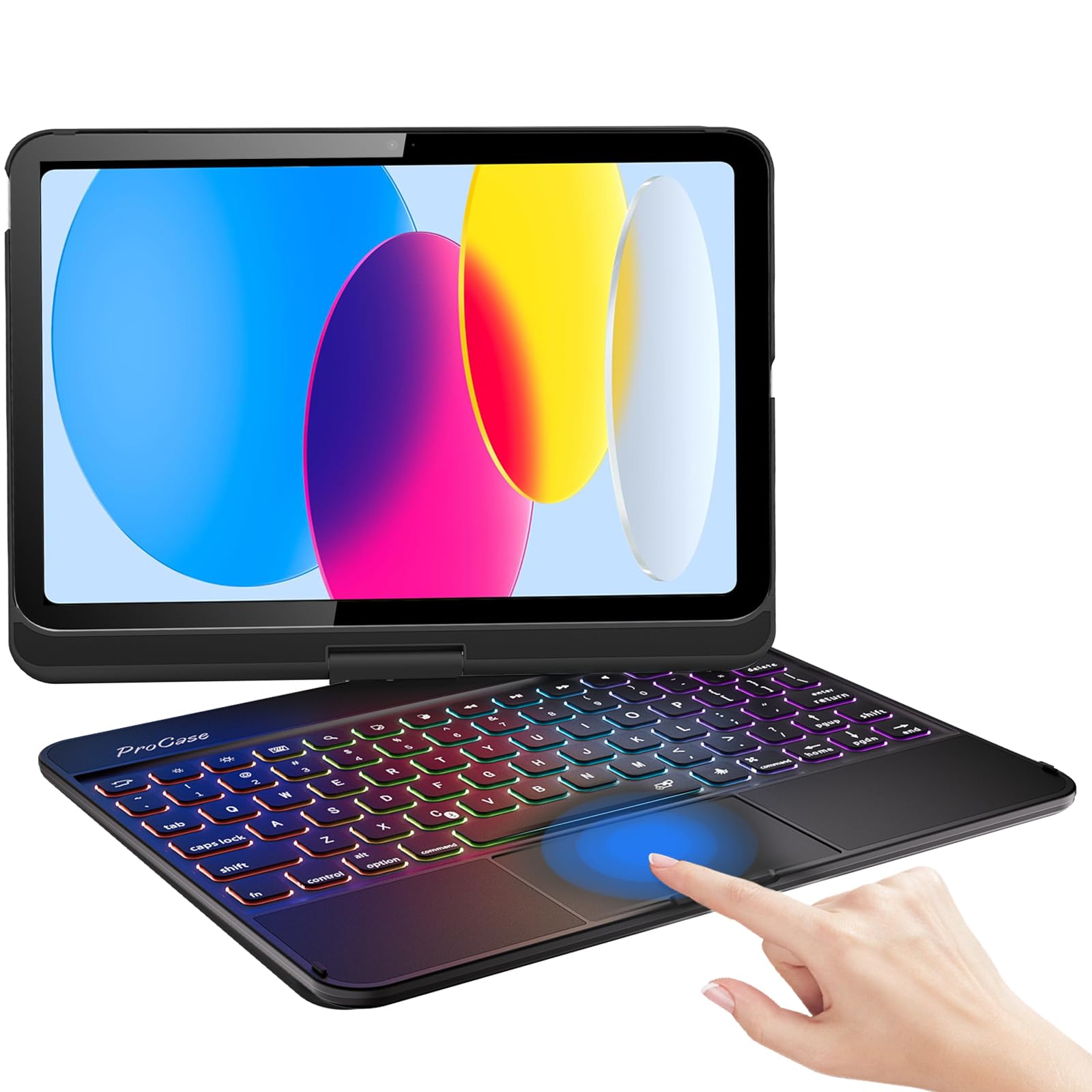 ProCase 360° Rotation iPad (A16) 11th 2025 / iPad 10th Generation Keyboard Case with Multi-Touch Trackpad for, 7 Color Backlit Touchpad Keyboard Case for 11th/10th Gen 11/10.9 inch –Black