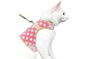 Yizhi Miaow Cat Harness and Leash for Walking Escape Proof, Adjustable Cat Walking Jackets, Padded Stylish Cat Vest Polka Dot Pink, Large