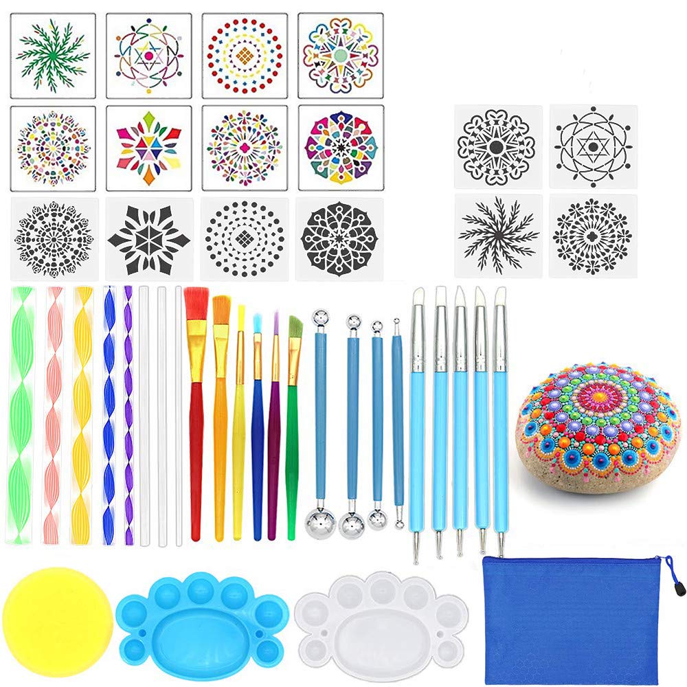Opaltool 35Pcs Mandala Dotting Tools Mandala Painting Stencil Kits Brushes with Paint Tray for Rock Painting Coloring Drawing and Drafting Art Supplies(No Paint Included)