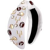 CEALXHENY Football Headband for Women Beaded Rhinestone Crystal Knotted Hairband Jeweled Embellished Game Day Top Knot Headband Football Mom Hair Accessories (A-White Football)