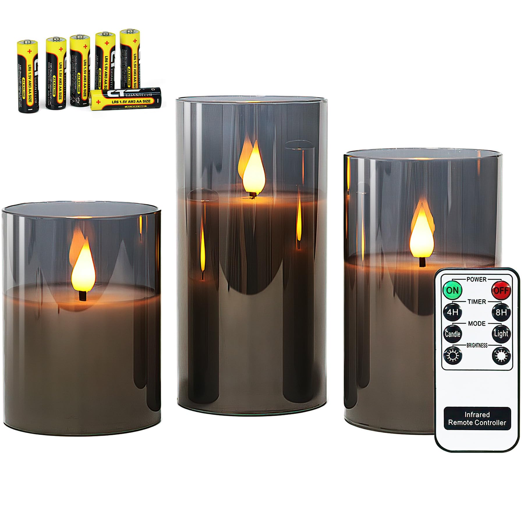 Rhytsing Grey Glass Battery Operated Candle with Remote, Flameless LED Candle Gift Set, Warm White Light, Batteries Included - Set of 3