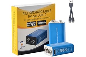 2-Pack 1000mAh 9V Rechargeable Lithium Batteries, USB-C Quick Charge 9 Volt Batteries with 2-in-1 Cable, Long Lasting for Smo