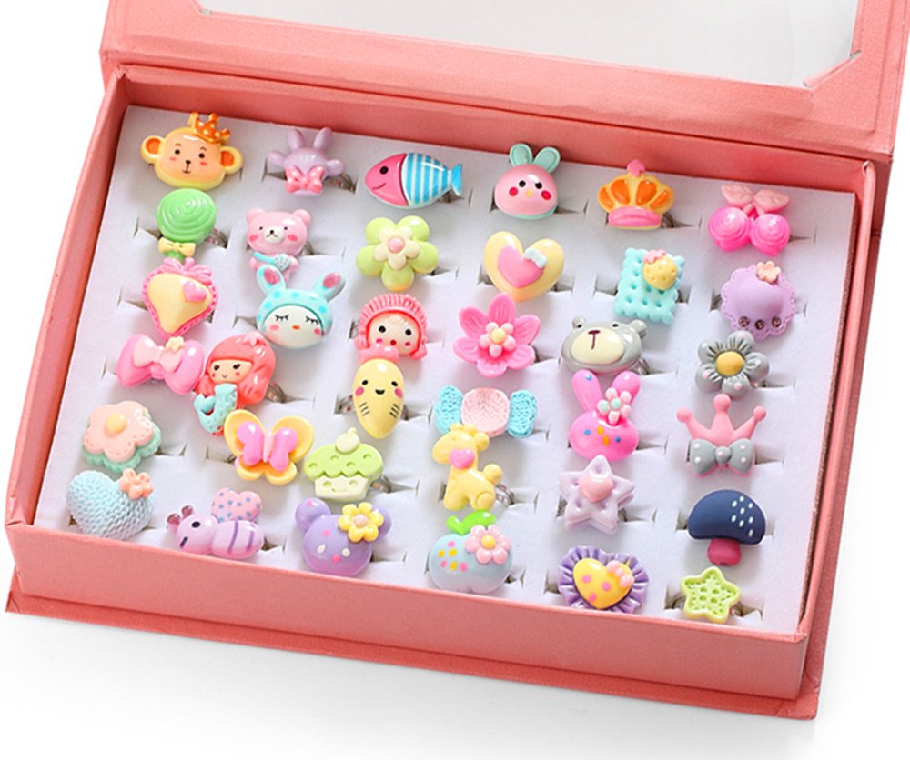 PinkSheep Kids Rings in Box, Adjustable, Mermaid Ring, Cute Bear Ring , Butterfly Flower Heart Lollipop Rings for Little Girl, 2018 Fashion Sets
