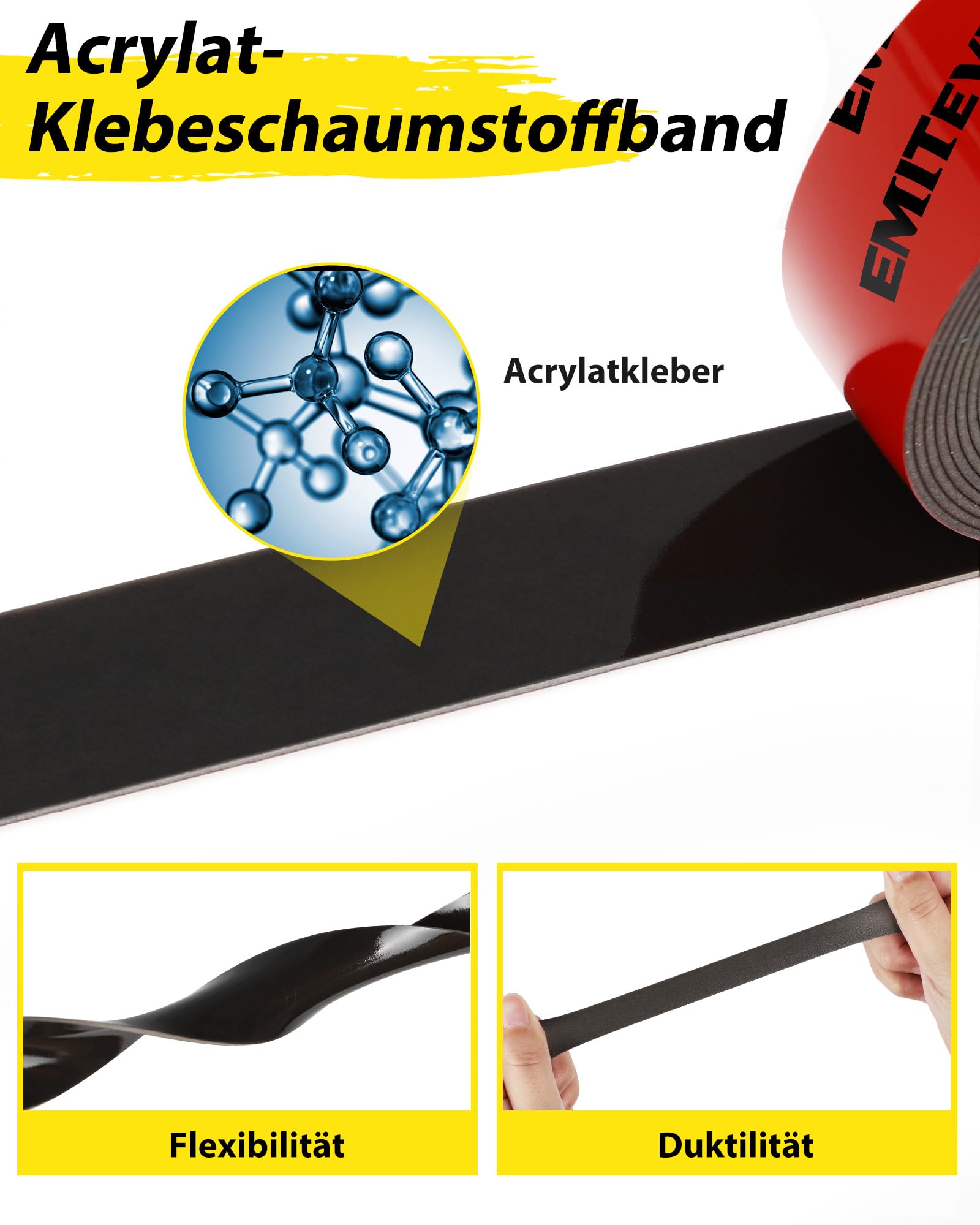 Emitever Doppelseitiges Klebeband Extra Stark - 5m x 25mm, Wasserdichtes Multifunktionales Montageklebeband für Wand und LED-Streifen, Auto, Wohn, Bürodekor und Außende 2