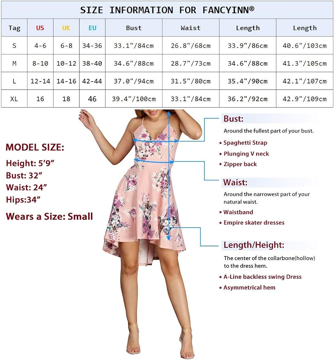 FANCYINN Women High-Low Hem Dress Spaghetti Straps Deep V Neck Floral Backless A Line Skater Cocktail Dresses with Pockets: Clothing