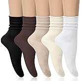 Eldraqth Womens Crew Socks, 5 Pairs Cotton Casual Crew Sock Slouchy Socks Cotton Roll Cuff Mid Roll Top Long Sock for Girls