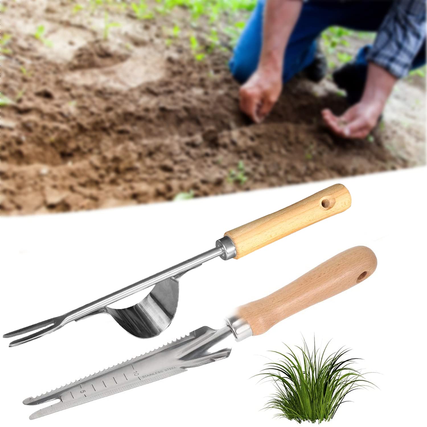 2 Packs Hand Weeder Garden Tool, Stainless Steel Manual Weed Dandelion Remover Tool, Patio Hand Weeding Puller Tool with Wooden Handle, Weeder Shovel for Digging Transplanting Measuring Cutting Sawing