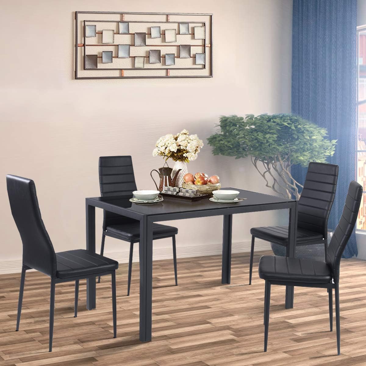 Giantex 5 Piece Kitchen Dining Table Set with Glass Table Top Leather Padded 4 Chairs and Metal Frame Table for Breakfast Dining Room Kitchen Dinette, Black - Table & Chair Sets