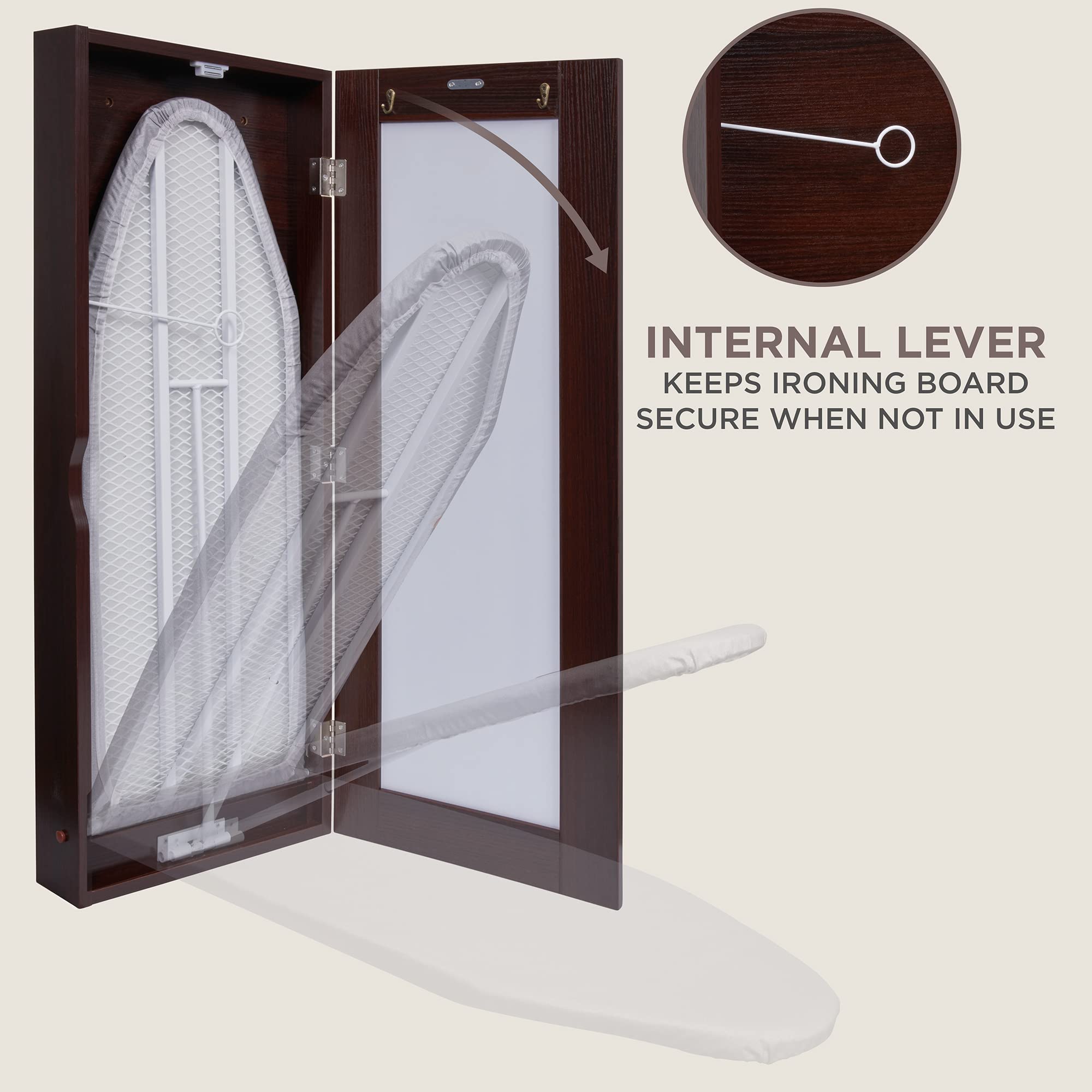Ivation Wall-Mounted Ironing Board Cabinet, Foldable Ironing Storage Station for Home, Apartment & Small Spaces, Easy-Release Lever, with Miror Door, Walnut Color