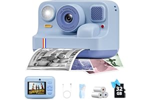 BILEBAK Instant Print Camera for Kids, Christmas Birthday Gifts for Girls Boys Age 3-15, 1080P Selfie Portable Digital Video Camera with 32GB SD Card, 3-Colored Print Paper- Blue