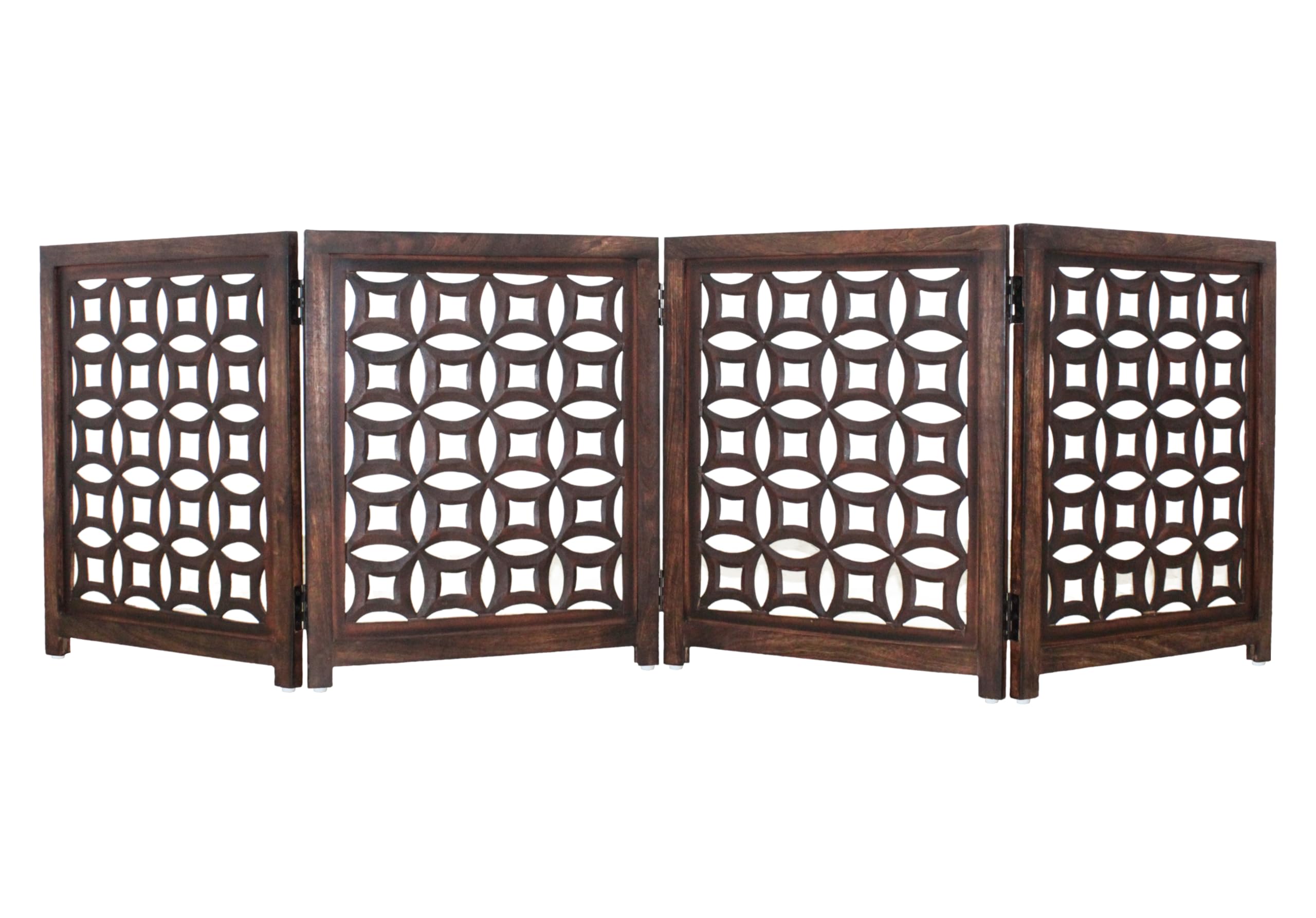 Photo 1 of (for parts, broken) 
Wooden Foldable Pet Dog Safety Gate -4 Panels 20"Wx24"H- Hand Carved Solid Wood And MDF - Free Standing Portable Indoor Doorway Hall Stairs Dog Puppy Fence - Fully Assembled - Antique Brown -IRONGATE