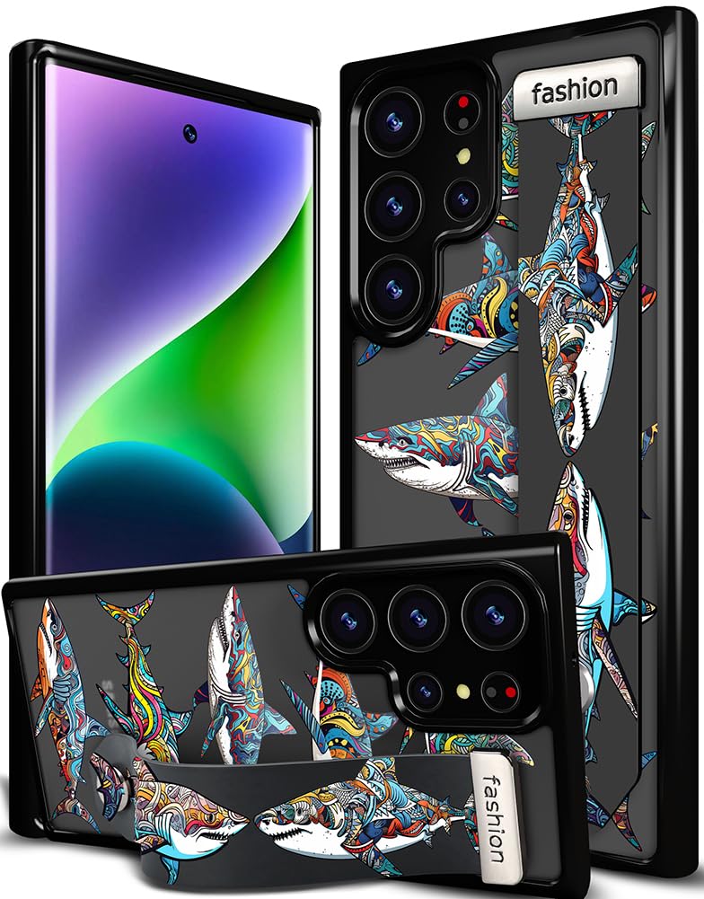 Cisland Compatible for Samsung Galaxy S25 Ultra Case Cute with Strap Stand Finger Kickstand, Designer Cool Silicone Cases Funda Cover - Blue Marine Shark
