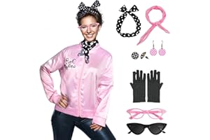 FAYBOX Pink Ladies Jacket Grease 50s Outfit Costume for Women,Halloween Costumes Accessories Adults