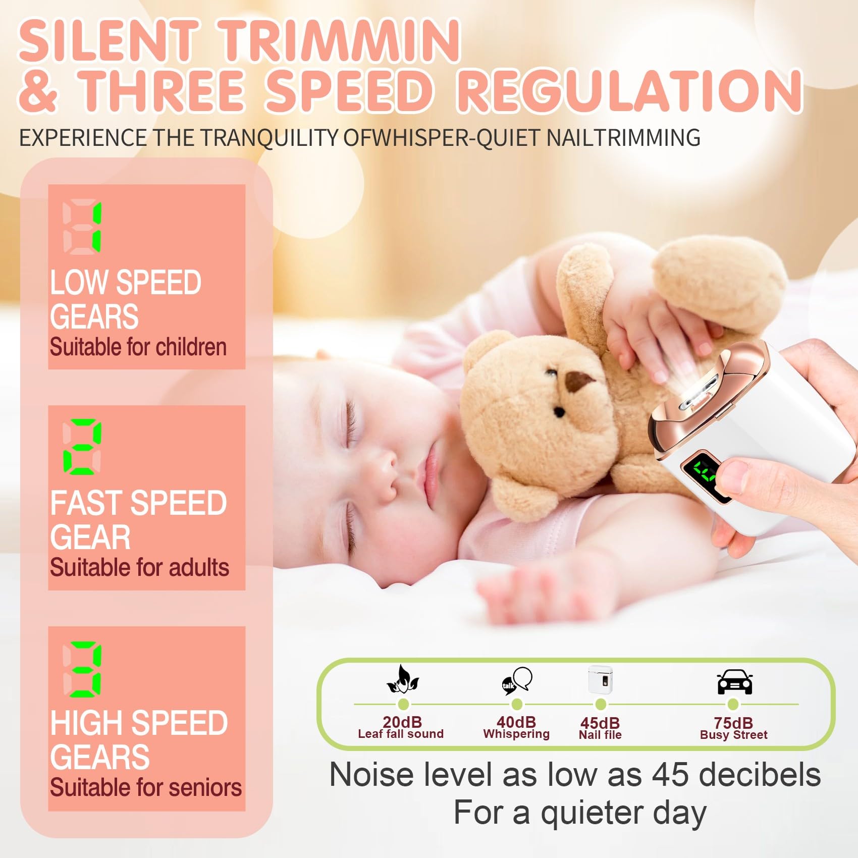 Electric Nail Clipper with LED Light, USB Rechargeable Nail Trimmer, 3-Speed Fingernail Manicure for Baby, Kids, Seniors, and Adults - Perfect for Elderly Nail Care (White)