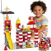 XENQITOYS Fire Station Playset Classic Big Building Blocks Fire Station Toy | 2 Firefighter Gifts, 144Pcs Compatible with LEGO DUPLO Fire Station and DUPLO Fire Truck, Firetruck Toys 3-5 Years Old