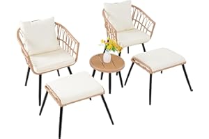 FHFO 5 Piece Outdoor Patio Furniture Set, Patio Bistro Set with Ottoman, Balcony Furniture Wicker Chairs and Round Table for Garden, Porch, Backyard, Poolside,Natural-Beige