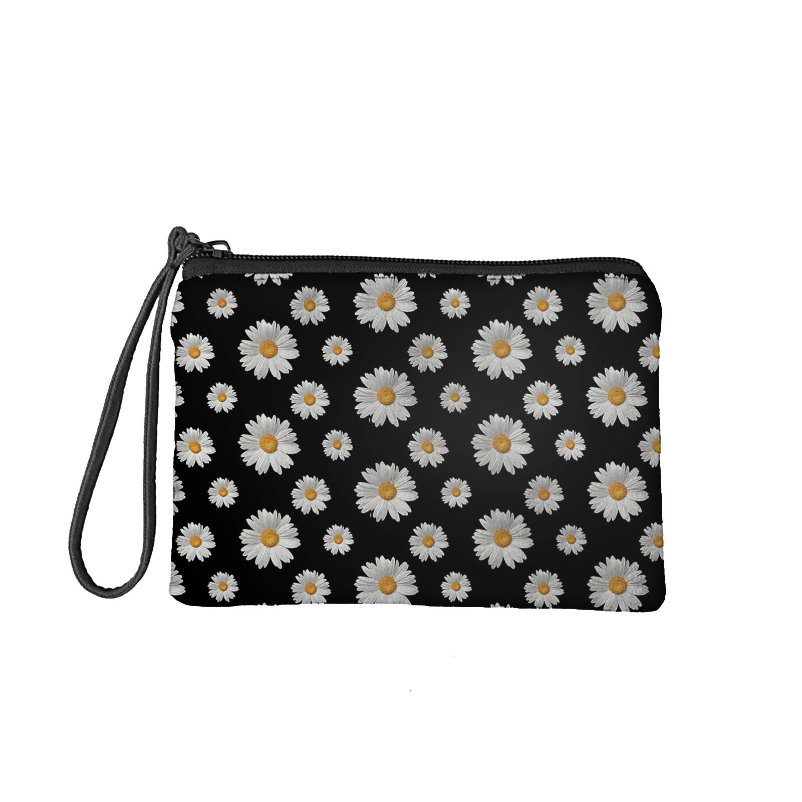 Jeiento Daisy Flower Coin Purses Vintage Pouch Wallets for Women Girl Fashion Travel Business Shopping Money Clips Handbag Purse Zipper Clutch Bag Black