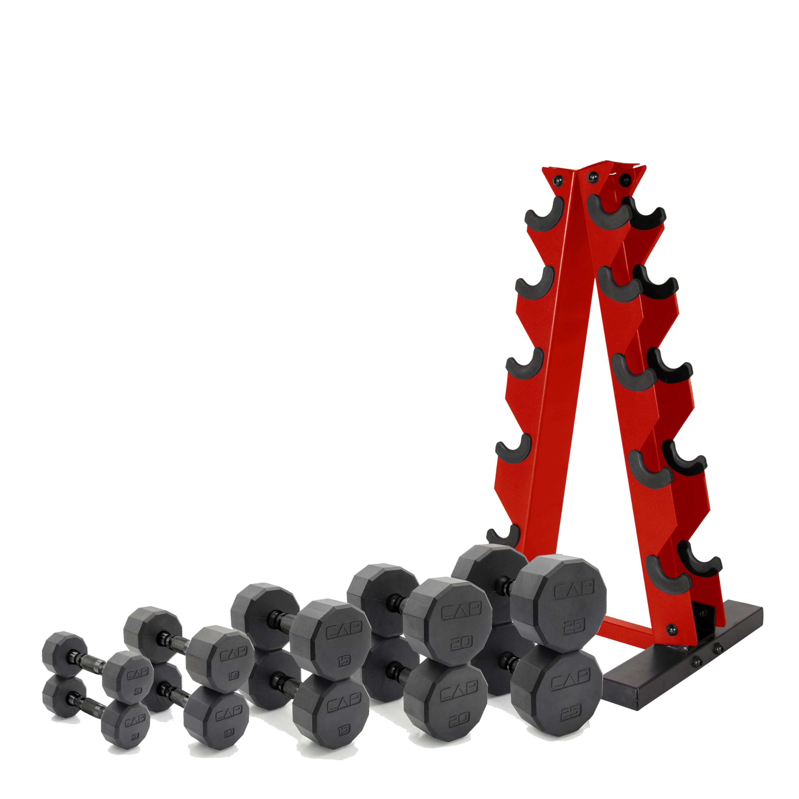 Photo 1 of **ONLY 2 20 LBS AND 2 5 LBS**CAP Barbell 150 LB Black Handle Coated 12-Sided Dumbbell Set with Vertical Red Rack