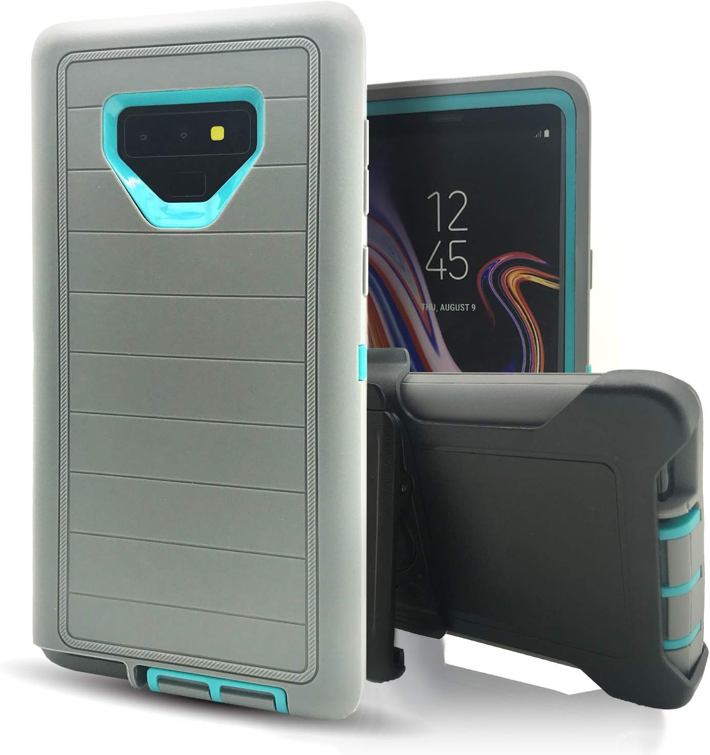 Samsung Galaxy Note 9 Case,Note 9 Phone Case with Belt Clip,Vodico Heavy Duty Defender Holster with Kickstand Military Shockproof Rugged Armor Silicone Non-Slip Grip Bumper Cases (Gray Aqua)
