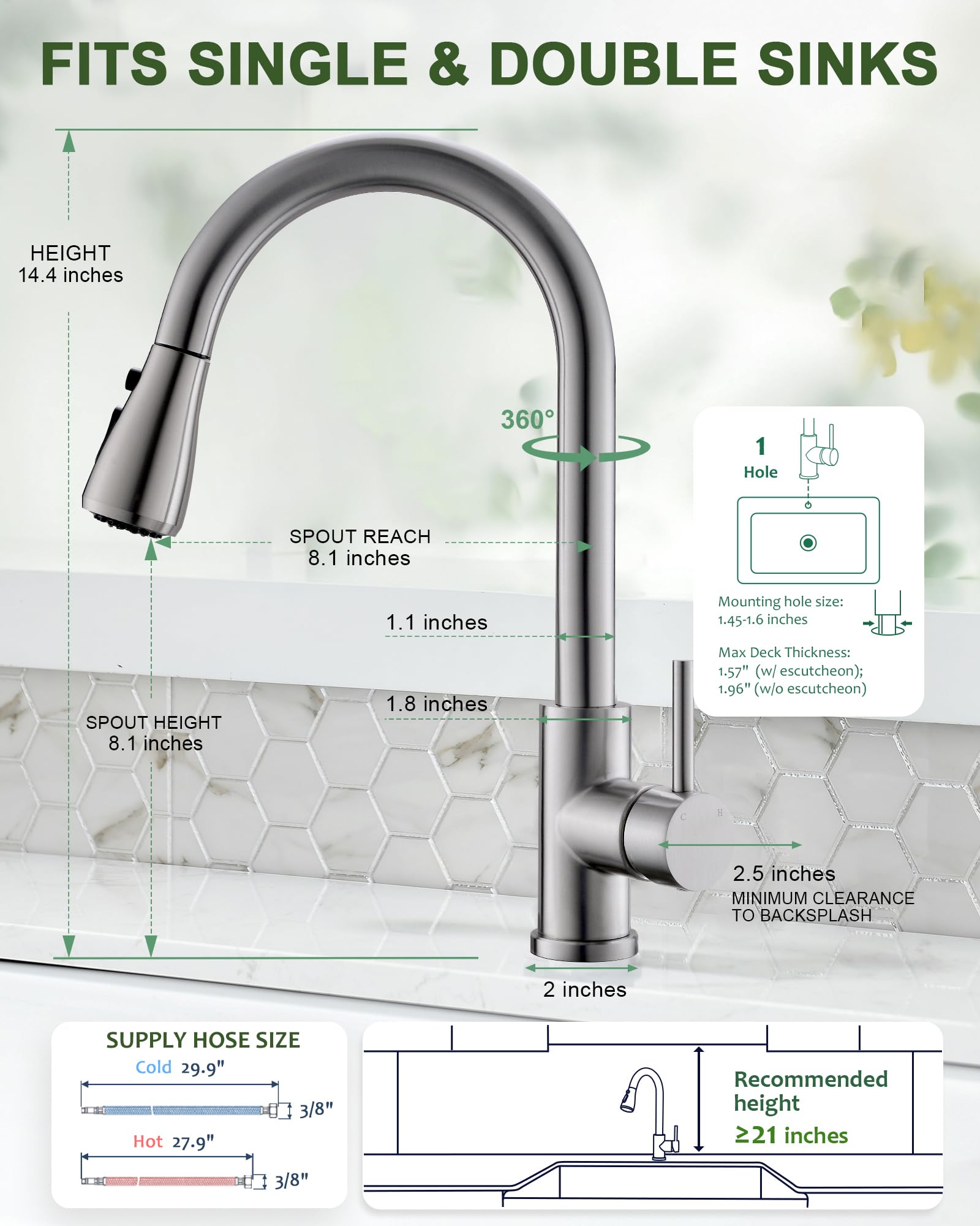 VFAUOSIT Kitchen Faucets, Kitchen Sink Faucet with Pull Down Sprayer Brushed Nickel Stainless Steel Modern High Arc Single Handle Single Hole Pull Out Kitchen Faucet for Bar Laundry RV Utility Sink
