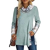 Miusey Women's Cowl Neck Tunic Sweaters Long Sleeve Shirts Lightweight Pullover Sweatshirts Side Split Tunic Tops