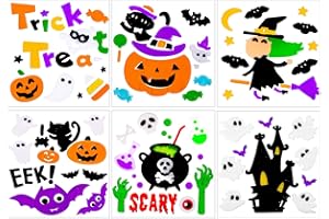 JOICEE Halloween Thick Gel Clings for Kids, Cute Pumpkins Witch Bats Black Cat Window Clings Decals Stickers for Halloween Window Decors（6pack）