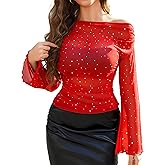 Avidlove Mesh Top for Women Long Sleeve Off The Shoulder Tops Sexy Clubwear Outfits Rhinestone Shirts S-XXL