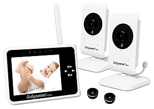 Babysense Video Baby Monitor 3.5 Inch Screen with 2 Cameras - Interchangeable Wide Angle Lens, Night Vision, Talk Back, Room Temperature, Lullabies, Wide Range and Long Battery Life