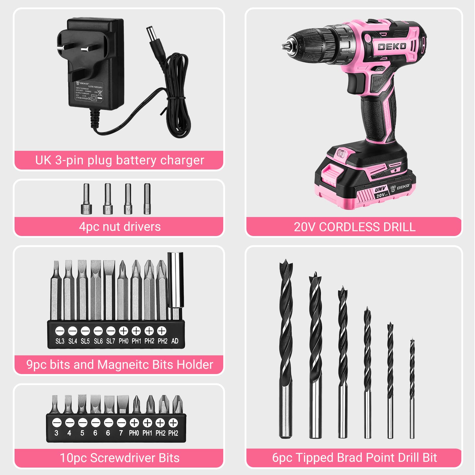 Power Drill Cordless: DEKOPRO Pink Cordless Drill 20V Electric Power Set Tool for Women Drills with Battery and Charger Drills Driver Kit