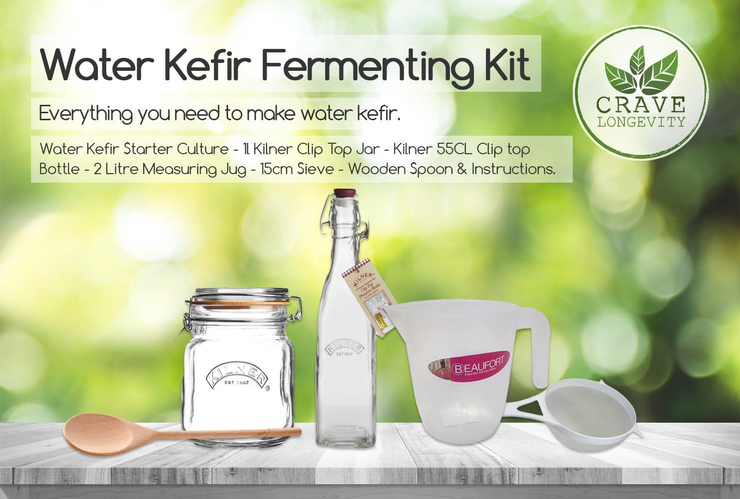 Water Kefir Fermenting Starter Kit - Includes 2 TBSP Water Kefir Grains, Instructions, Kilner Clip Top Jar, Milk Bottle, Sieve, Spoon + Free Recipe
