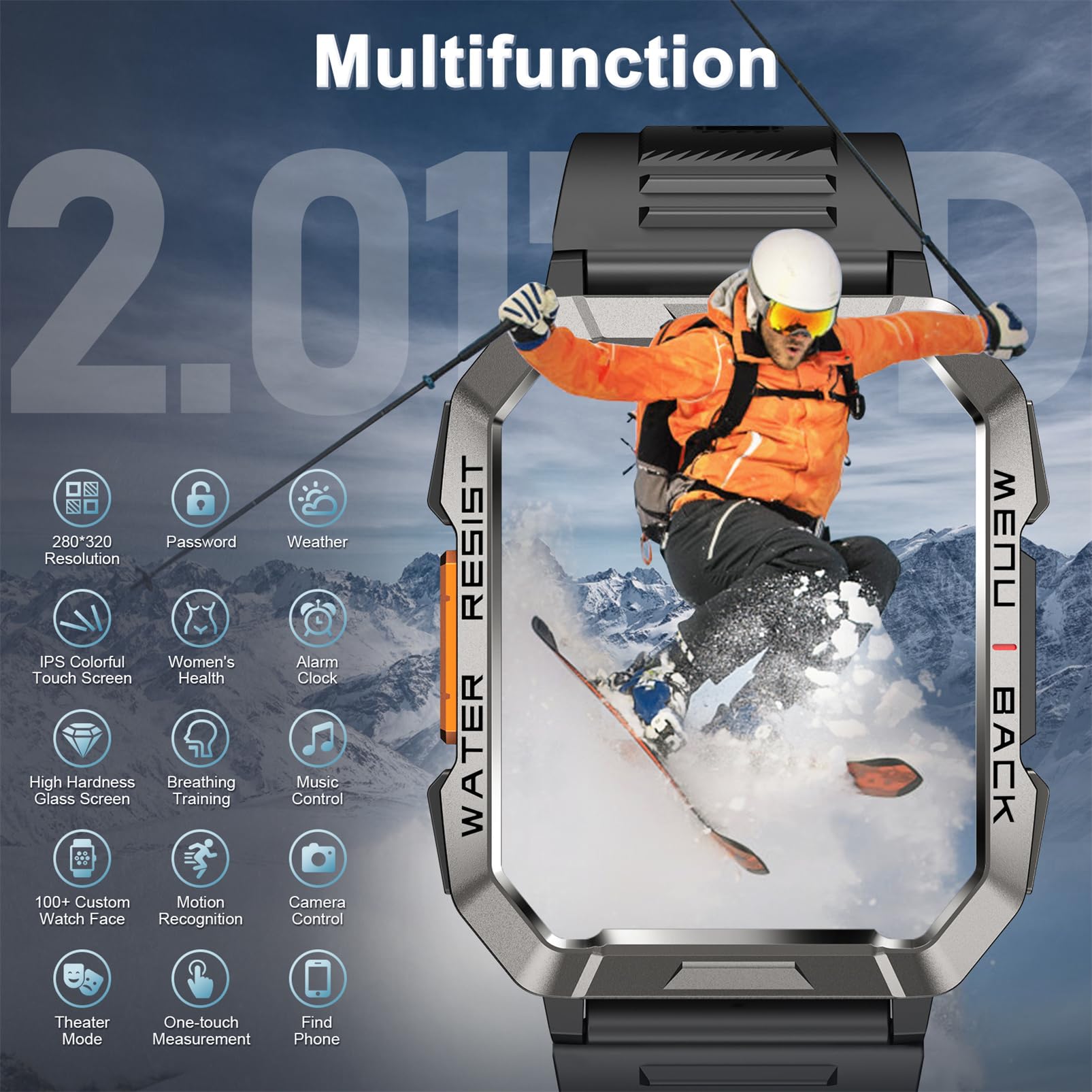 Smartwatch Men Military, 100 Days Battery Life/LED Flashlight/Compass/2 Wristbands/IP68 Waterproof, 100+ Sports Modes Sports Watch, Make/Receive Calls Smartwatch Outdoor Fitness Watch for Android iOS