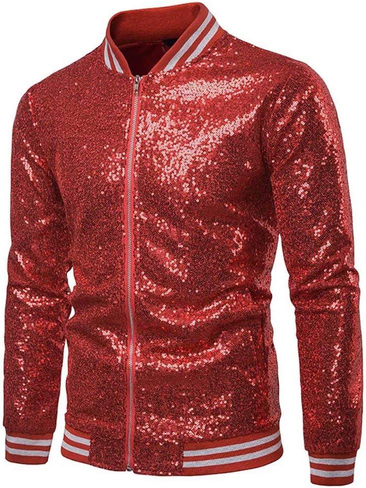 Vanornia Men's Jacket Sequins Slim Fit Bomber Jackets Lightweight Zip Long Sleeve Shiny Coats for Ceremony