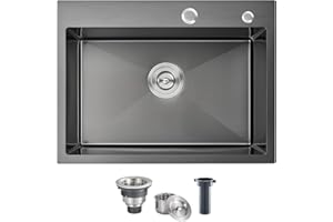 POPFLY 24 Inch Kitchen Sink, 24×18 Inch Drop In 304 Stainless Steel Black Bar or Prep Small Single Bowl Sink, 18 Gauge Handmade Outdoor Kitchen Sink with Drain Kit, Fregadero