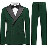 KUDMOL Boys Velvet Suit Slim Fit 4 Piece Double Breasted Kid Tuxedo Sets Wedding Outfits with Jacket Shirt Pants Bow Tie