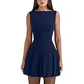 YMDUCH Women's Summer Sleeveless Boat Neck A-line Flared Hem Club Party Mini Dress